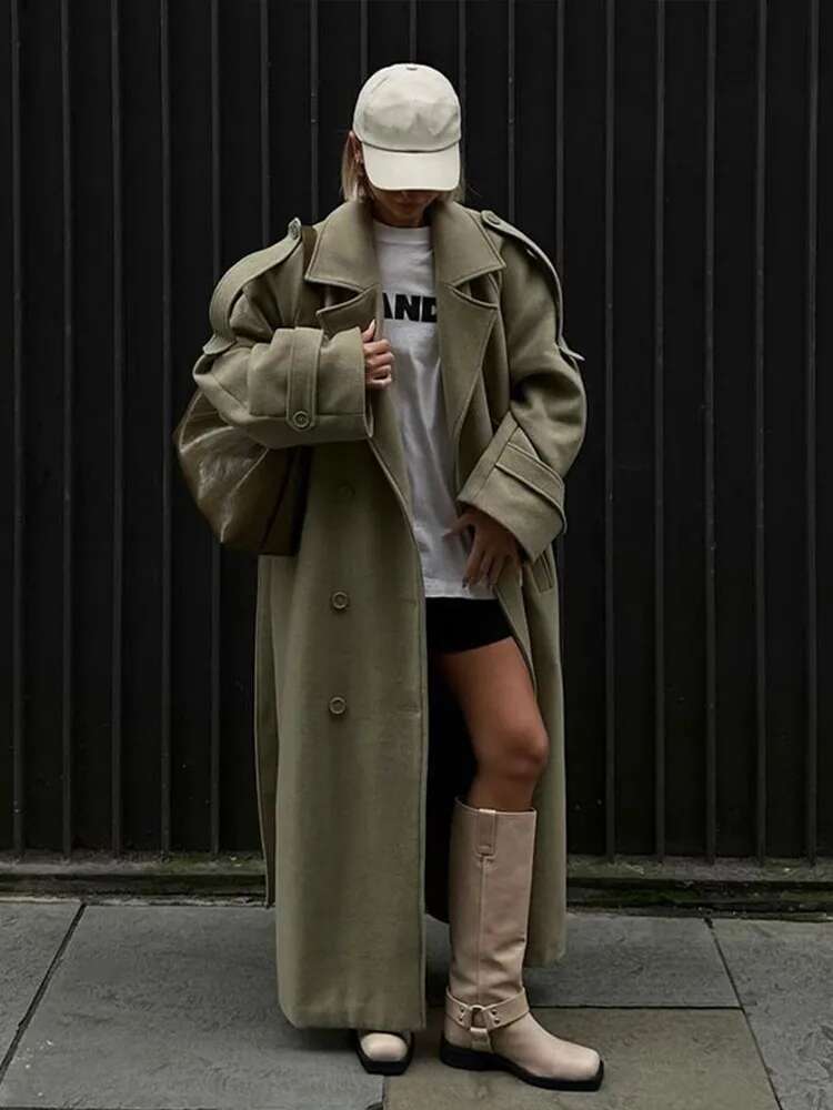 Casual Woolen Lapel Long Coats With Belt Women Elegant Chic Solid Double Breasted Jackets Female Autumn High Street Overcoats