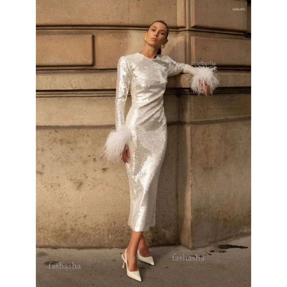 Casual Dresses Women O Neck Long Sleeve Luxury Sequin Feather Midi Dress Elegant Celebrity White Sequinned Bodycon Evening Part