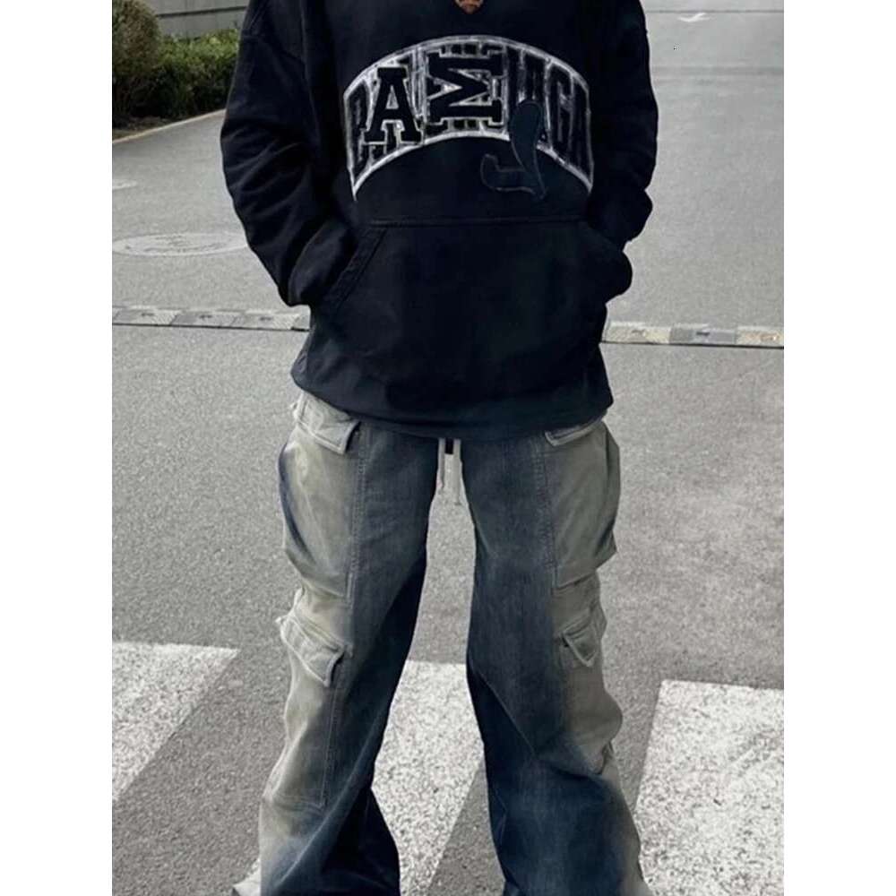 American Fashion Washed Old Gradient Stripe Multi Pocket Drawstring Jeans Men Haruku Street Loose Denim Pants