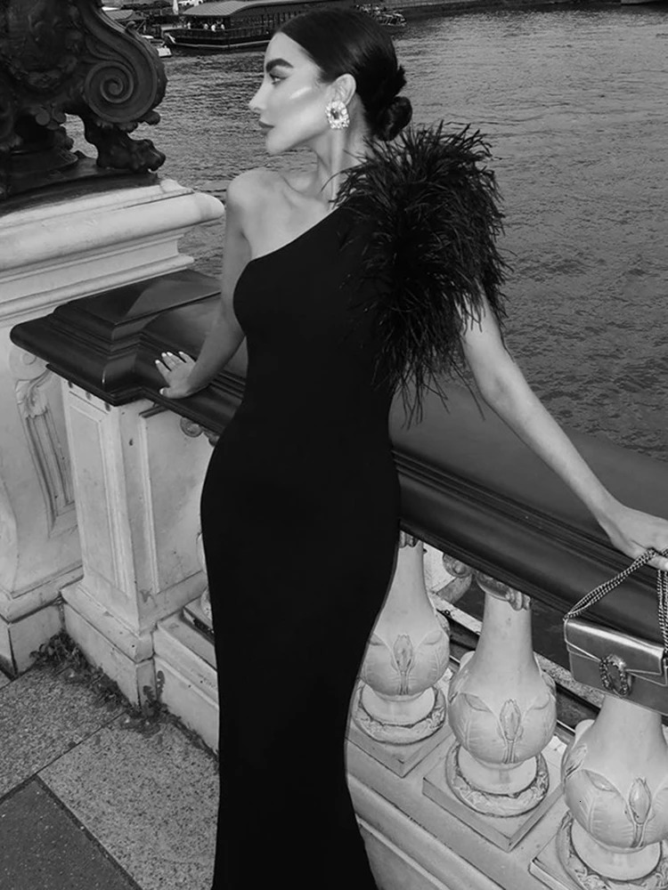 Dulzura Black Sleeveless One Shoulder Feather Maxi Dress For Women Bodycon Sexy Party Elegant Long Birthday Evening Outfit 250304