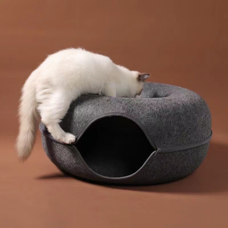 2025 Toys Cat Nest Donut Tunnel Bed Pets House Natural Felt Pet Cave Round Wool for Small Dogs Interactive Play Toycat (Upgraded version thicker + Cat