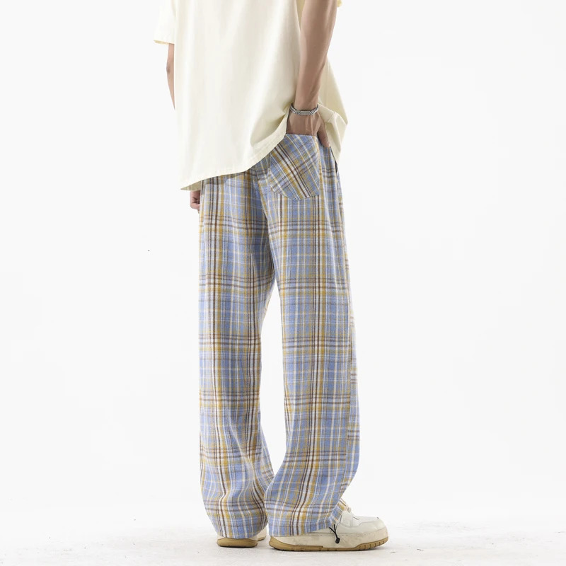 Korean casual pants mens brushed straight wide leg flat Trouser high street grid fashion retro Y2K springsummer 250304
