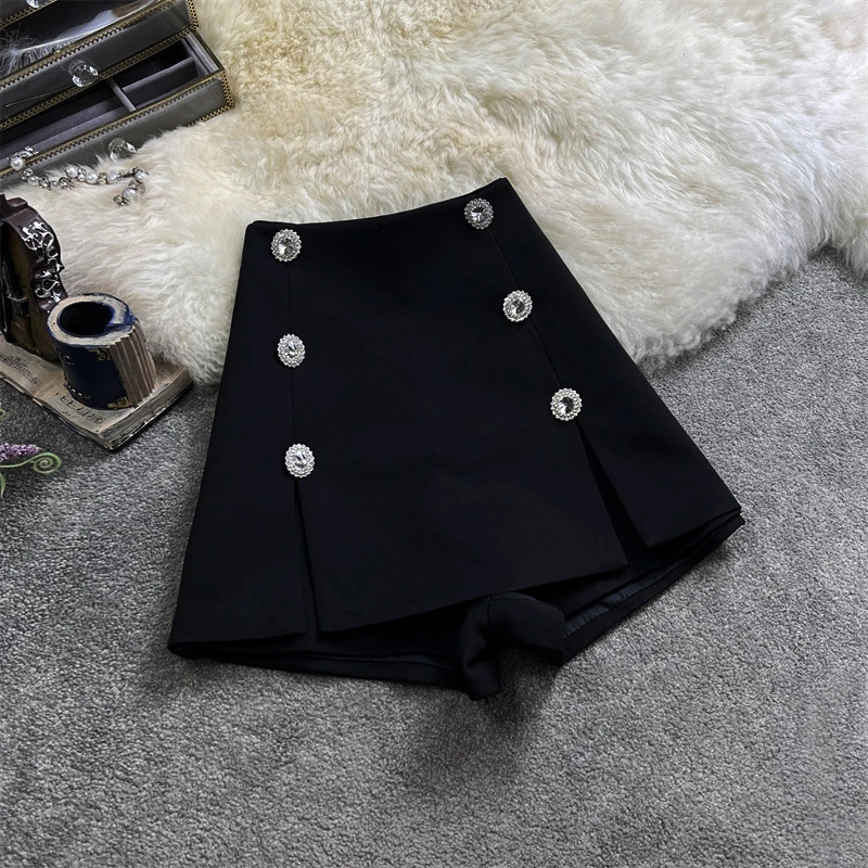 Heavy Diamond DoubleBreasted Suit Shorts Skirt Women Summer Korean Casual High Waist Slimming ALine Wide Leg 250304