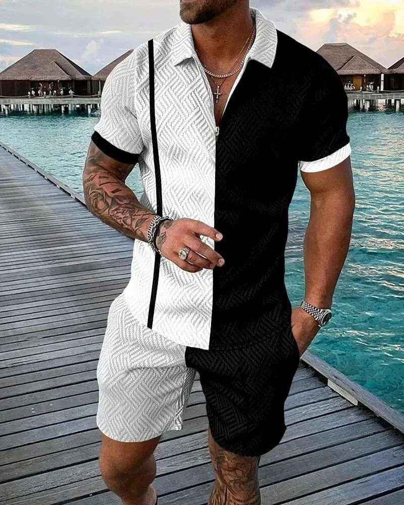Summer 3D Print Mens Tracksuit Set Casual Zipper Polo Shirt Shorts 2pcs Sets Fashion Boho Geometric Style Men Holiday Clothing 250304