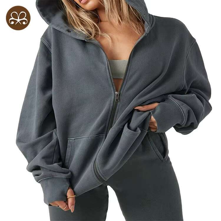 Custom Sport Plain Women Heavyweight Fleece Hoodie Jacket With Zipper Spring
