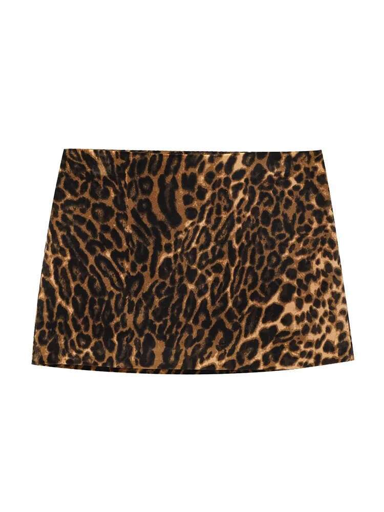 TRAF 2024 Autumn Women Leopard Print Veet Blazer Suit Fashion Notched Pockets Cropped Jackets Side Zipper Mini Skirt