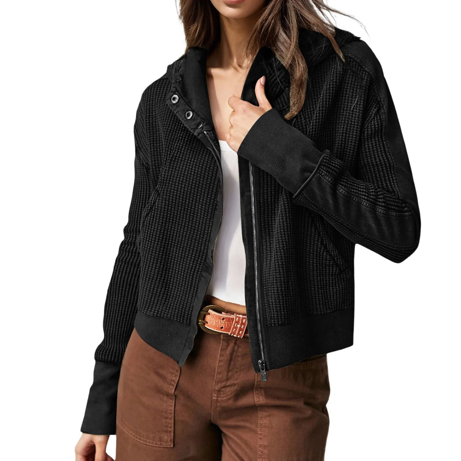 Womens Waffle Knit Hoodies Slim Fit Zippered Up Cropped Jackets Motro Biker Fashion Button Down Shacket Hooded Outerwear 250304