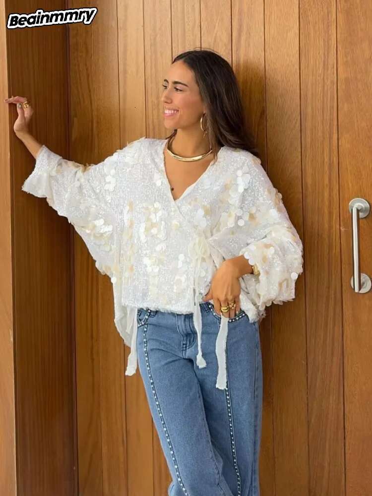Fashion Women Sequined Lace Up Looseen Shirt Casual Long Sleeves V Neck Blouse 2025 Chic Female Spring Commute Streetwear