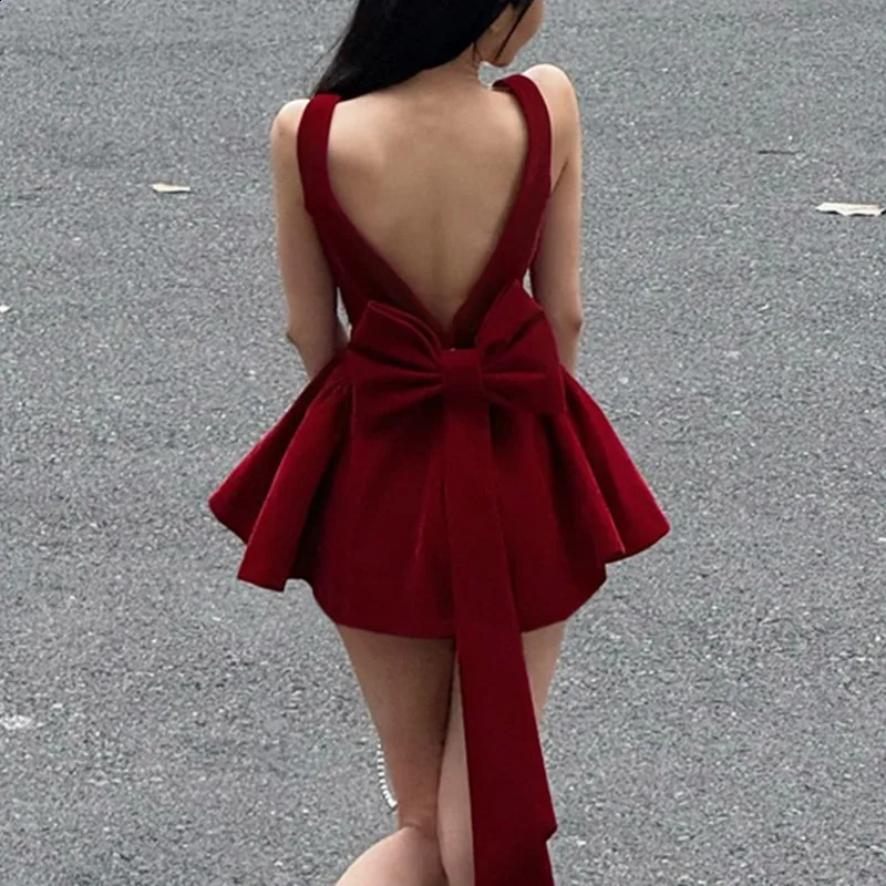 Tuularose Red Bow Dress Womens Sexy Backless Slim Tank Top A Line Sleeveless Spaghetti Straps y Party Evening 250305