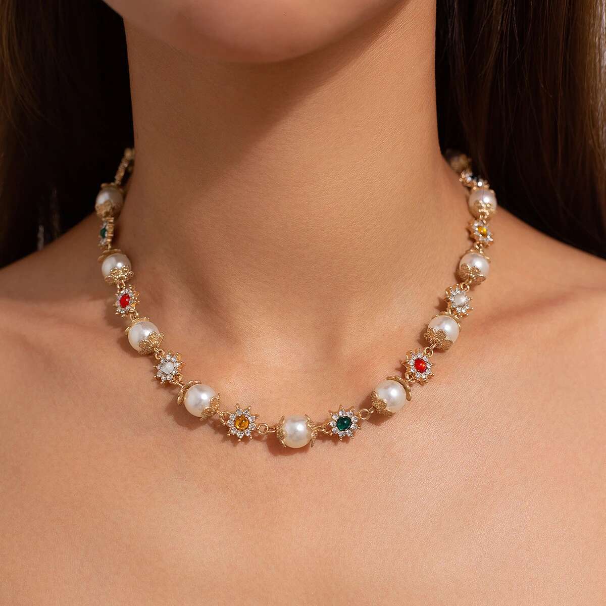 Salircon Rhie wers Beads Choker Necklace for Women Elegant Imitation Pearl Clavicle Chain Wedding Party Jewelry