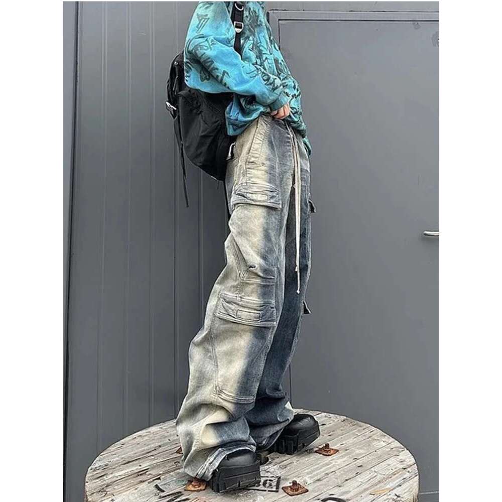 American Fashion Washed Old Gradient Stripe Multi Pocket Drawstring Jeans Men Haruku Street Loose Denim Pants