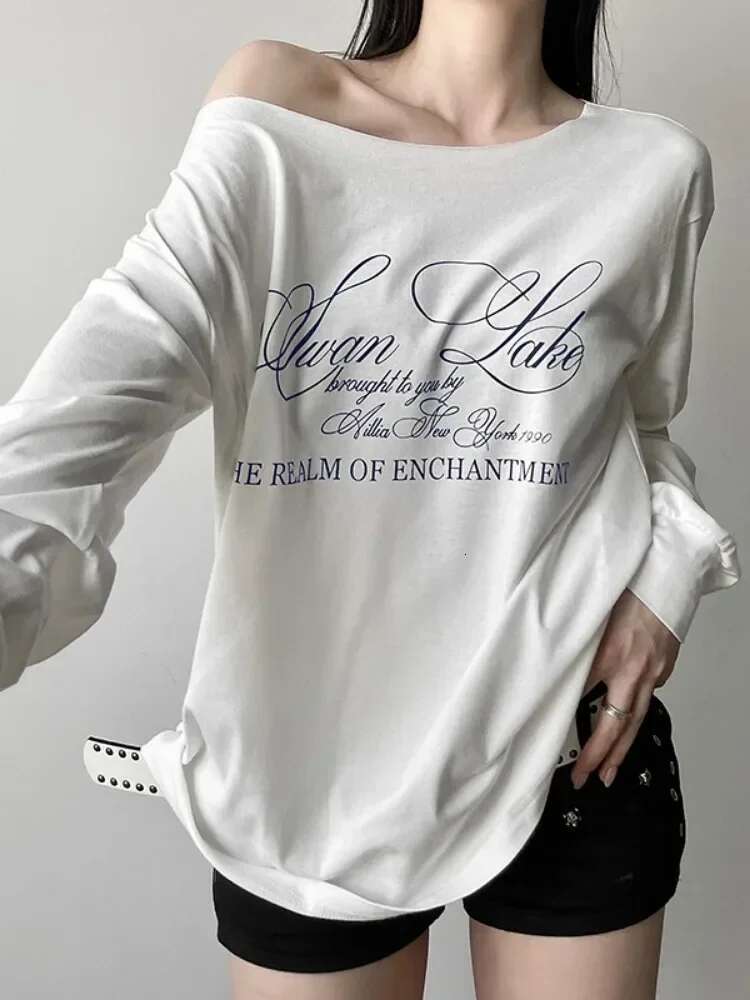 Y2k Aesthetic Casual Off Shoulder T-Shirt Loose Letter Printing Haruku Tshirts Grunge Vintage Streetwear Oversized Tee Shirts