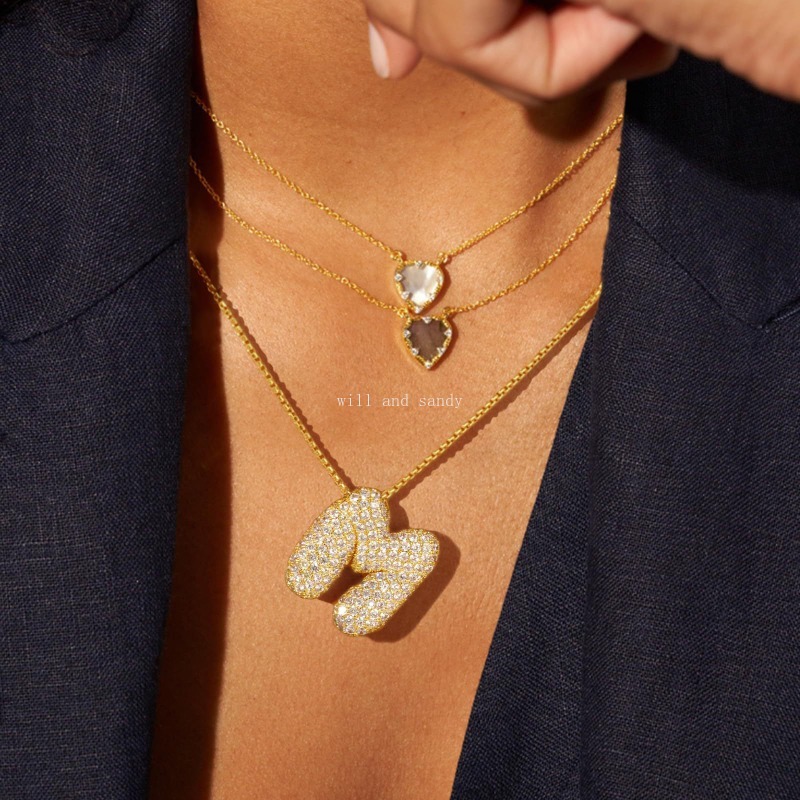 18k Gold Cubic Zircon English Letter Necklace Fashion Chunky Bubble Initial Pendants Gold Chains for Woman Man Fine Jewellry