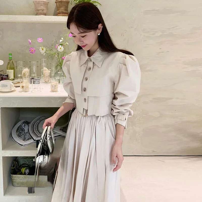 Korean Fashion Matching Sets Puff Sleeve Button Short Blouses High Waist Pleated Long Skirts Solid Color Design Women's Clothing