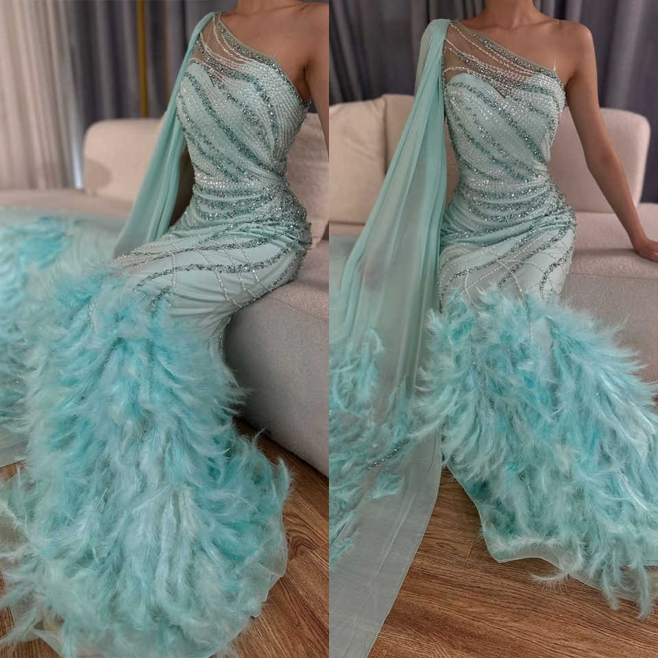 Gorgeous Evening Dresses For Women One Shoulder Long Sleeves Gown Sequins Feather Sweep Train Party Customized Dress