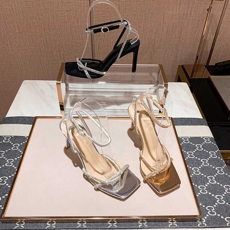 2023 Summer New Women Sandals Fairy Style Square Head Sier Rhine Slim Band Temperament and Word Band Versatile High HeelsXJ2500305