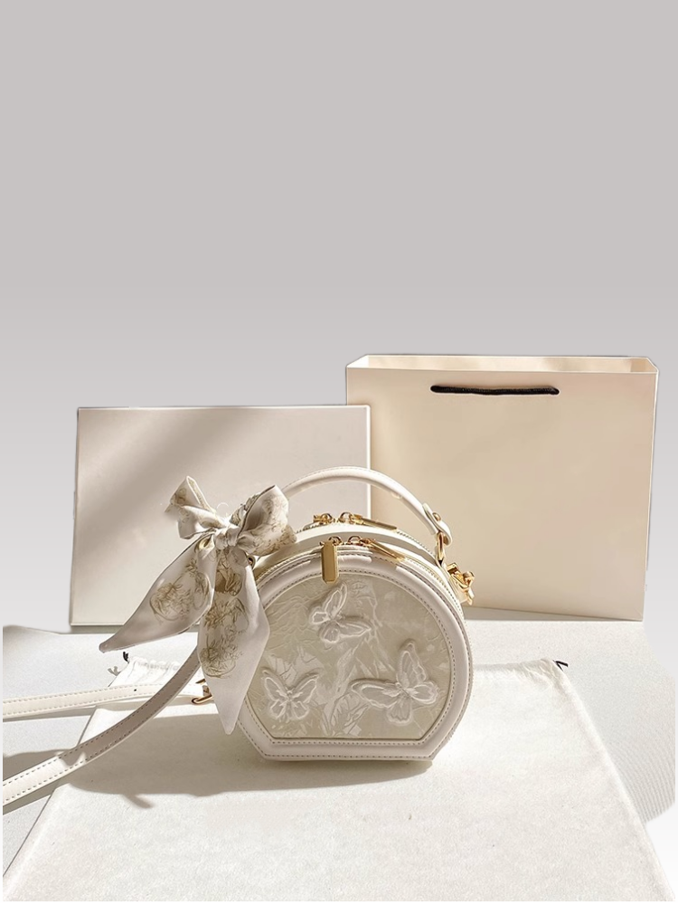 2025 Women's Circle Handbag with Delicate Butterfly Embroidery and Ribbon Decoration for Evening Parties and Banquets