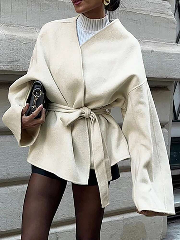 Elegant Woolen Long Sleeve Coat With Belt Women Loose Casual V-Neck Solid Short Overcoat Autumn Vintage Lady Thick Warm Outwear