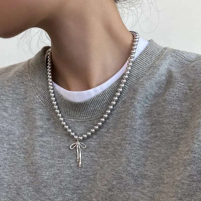 Fashion Grey Imitation Pearl Tie Pendant Necklace for Women Simple Handmade Bow Shaped Earrings Trend Jewelry Set