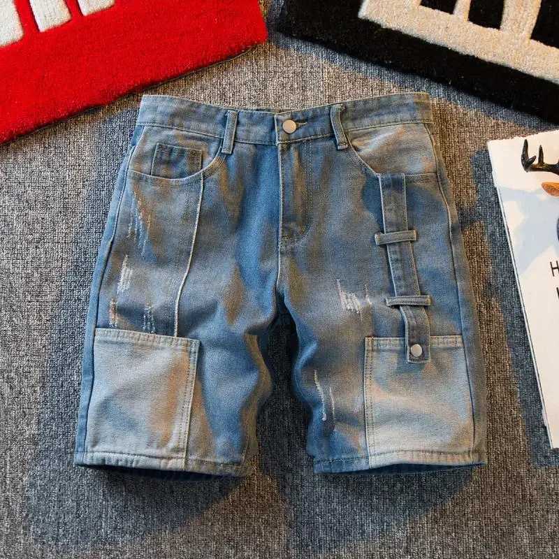 Mens Short Jeans Pants Cargo Baggy Patchwork Wide Male Denim Shorts Loose Trend 2024 Xl Korean Fashion Streetwear Cut SummerT250305