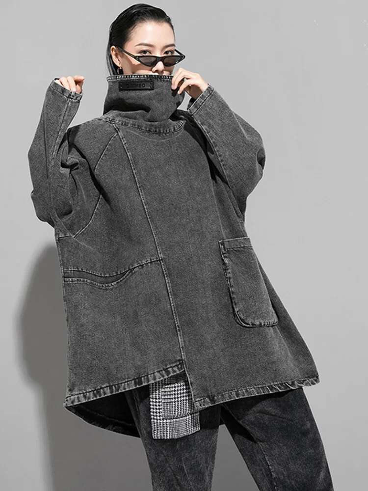 Loose Fit Black Denim Sweatshirt New High Collar Long Sleeve Women Big Size Fashion Spring Autumn
