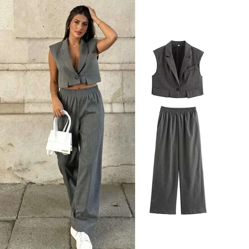 TRAF 2025 New Elegant Sets Women's Summer Holiday Fashion Loose Striped Elastic Waist Pants Suit Street Chic Youth 2-Piece Set