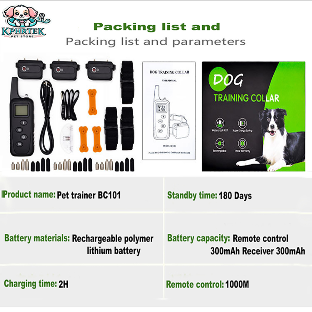 For 3 Dogs Pet Trainer 1000M Remote Control Training Electric Shock Collar Anti- Dog Barking Collar