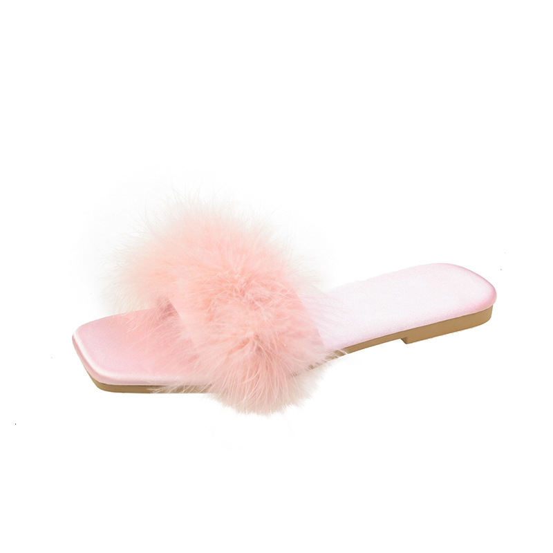 2025 Spring/Summer New Feather Hair Designer Women's Silk Red Slippers Trendy Dress Matching Shoes Trendy Casual Sandals