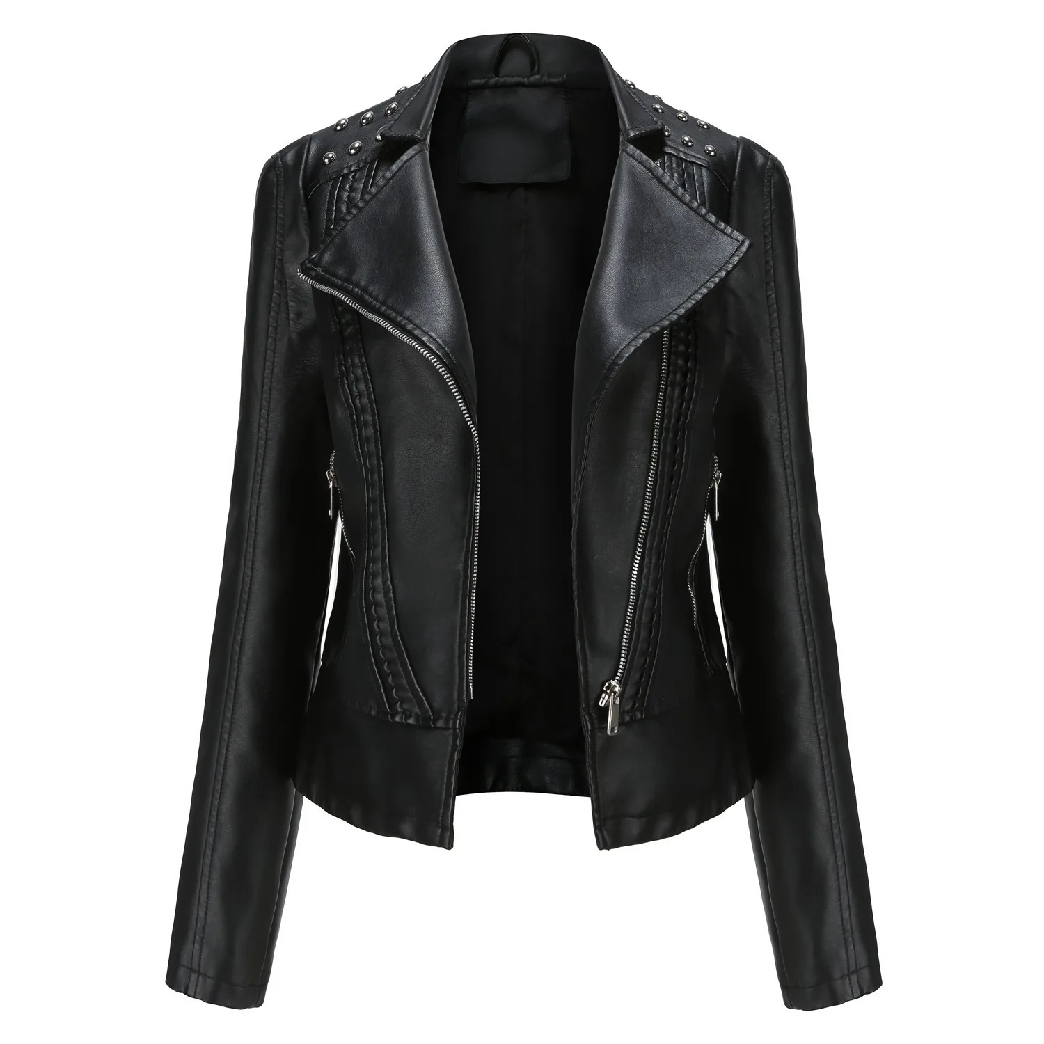 Womens Punk Rivet Leather Jacket Spring Autumn Retro Turndown Collar Slim Casual Ladies Faux Soft Moto Biker Outerwear 250226