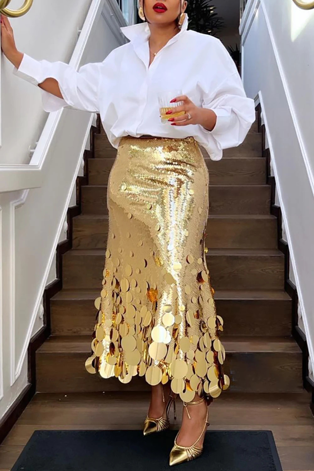 Plus Size Women Formal Skirts Elegant Gold Silver Long Sequin Party Club Evening High Waist Skirts Female Casual Cocktail Skirts 250304