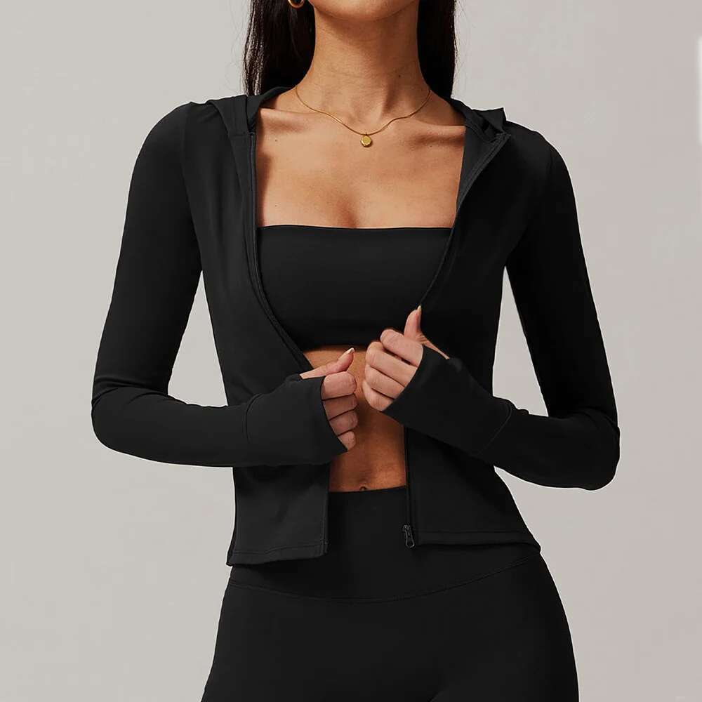 Sports Outdoor Long Sleeved Women Slim Yoga Clothes Quick Dry Zipper Cardigan Hooded Running Fiess Jacket Workout Top Kl-My
