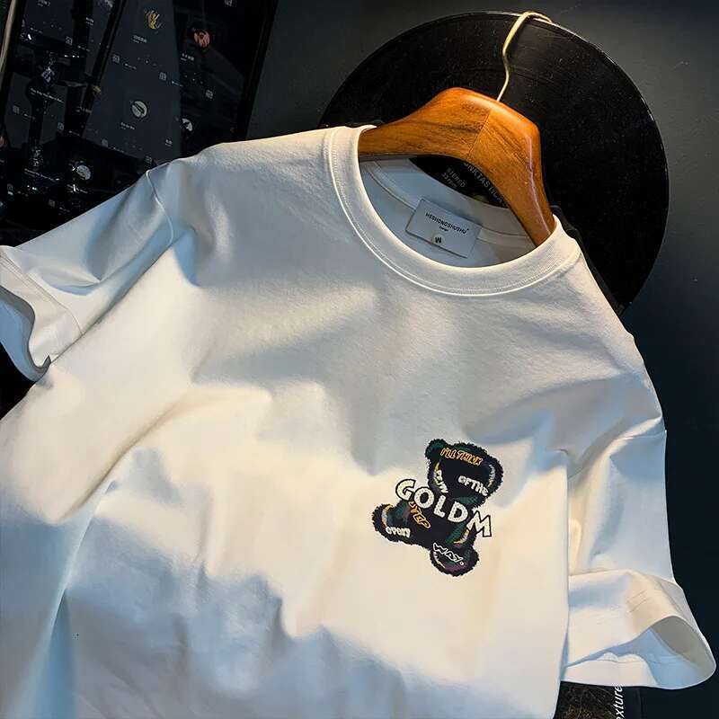 High-End T-Shirt 2025 Summer Thin Embroidery Printed Short-Sleeved Clothes Crew Neck Casual Fashion Elastic Men's Clothing