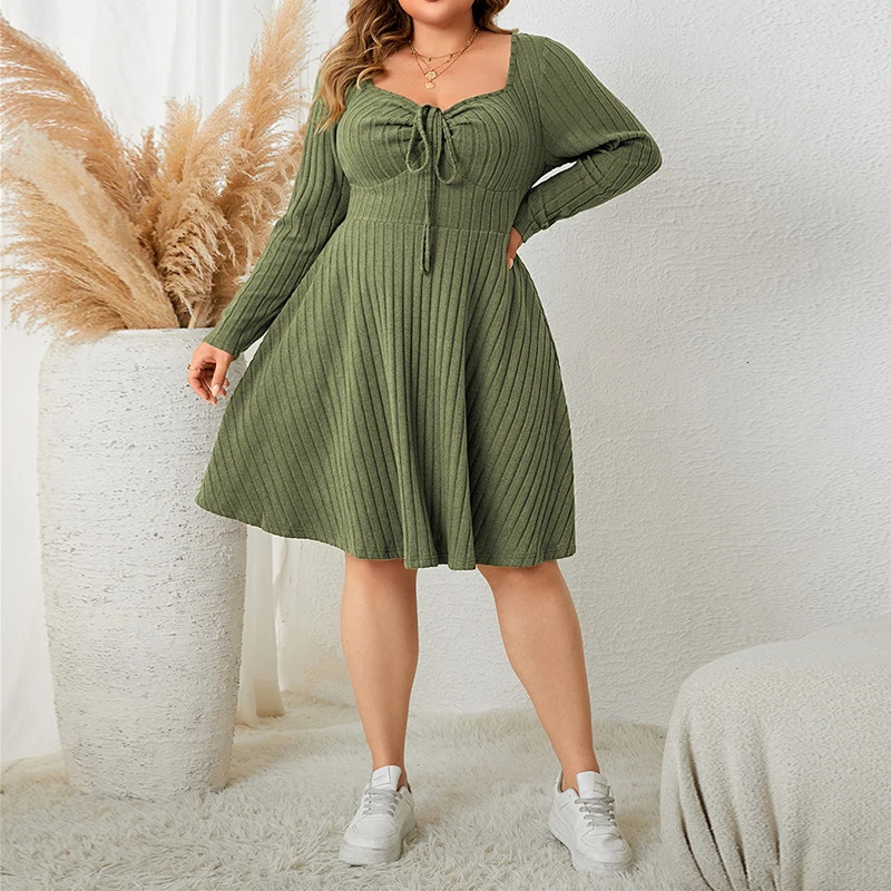 Plus Size Womens Green Dress ALine Spring Fall Vintage Long Sleeve Ribbed Knit Casual Dresses Large 250225