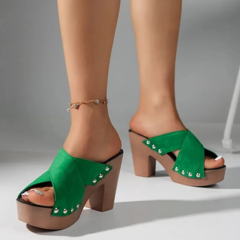 Womens Sandals Summer Square Platform Floor Casual Rivet Pump Womens Leather Toe Elegant High Heels Zapatos De Mujer 250228