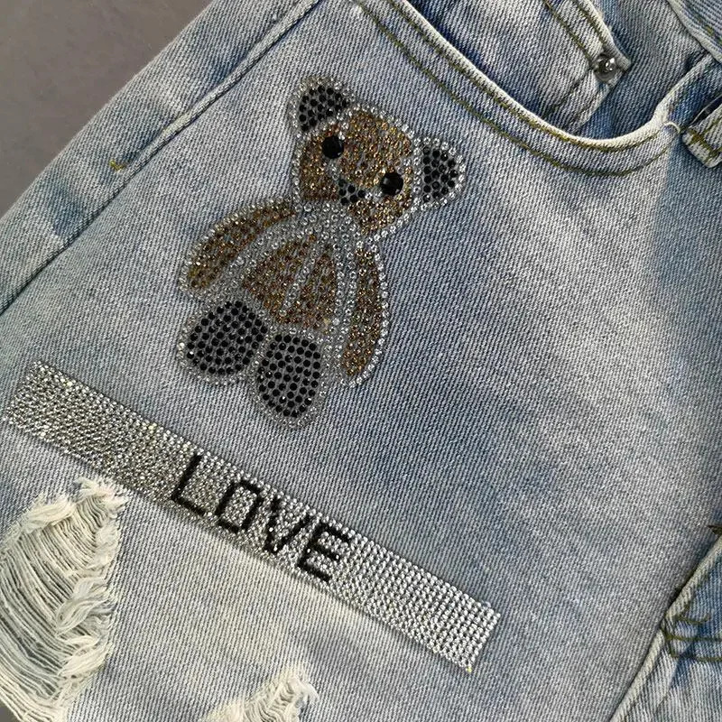 Womens 2024 Summer High Waist Little Bear Diamond Shorts with Broken Hole Ragged Edge Denim Female Streetwear 250304