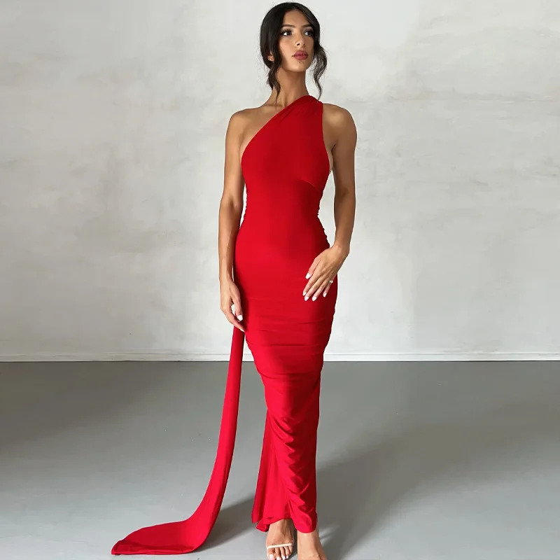 Sexy Irregular Maxi Dress One Shoulder Sleeveless Backless Ruched Bodycon Dresse Party Club Evening Prom Streetwear 250304