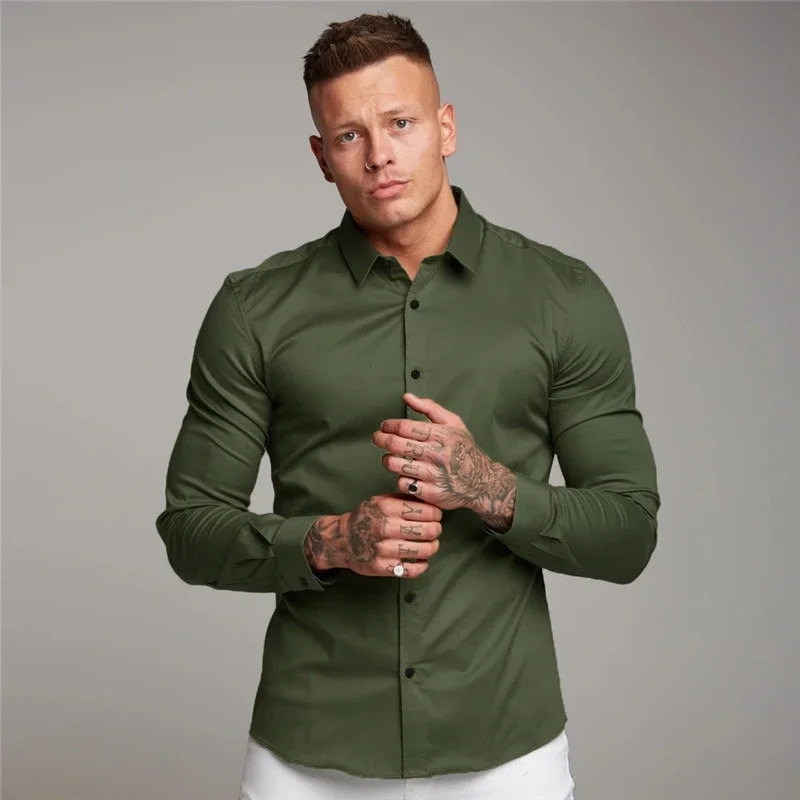 Mens Long Sleeve Super Slim Fit Plain Casual Shirt Spring Autumn Winter High Quality Turn Down Collar Business Dress 250227