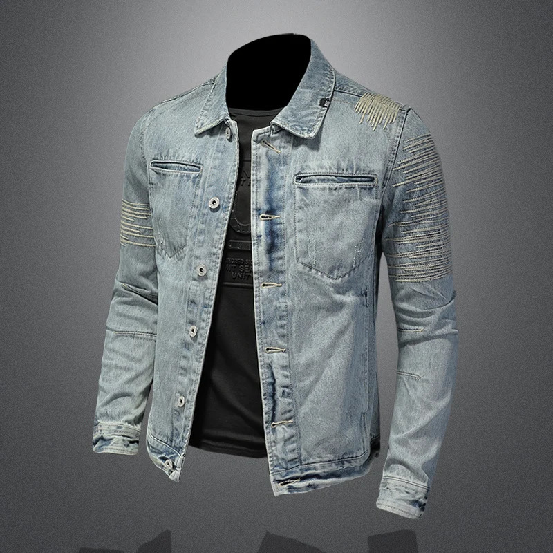 High-quality fashion All-in-one hooded Denim Coat Men have large size c personality embroidered light colored denim coat 250228