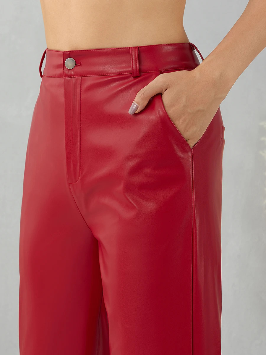 Women Loose Style PU Leather Trousers with Pockets Solid Color High Waist Straight-leg Pants Brown/ Black/Green/Red 250304