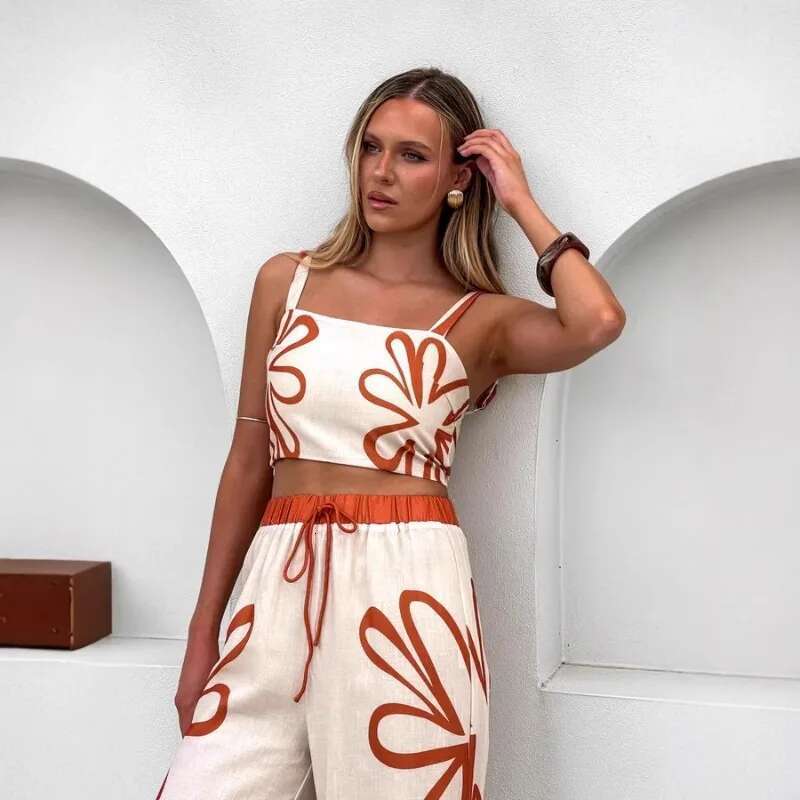 2025 New Summer Casual Women's Fashion Sexy Wer Strap Top Wide Leg Pants Set European And American