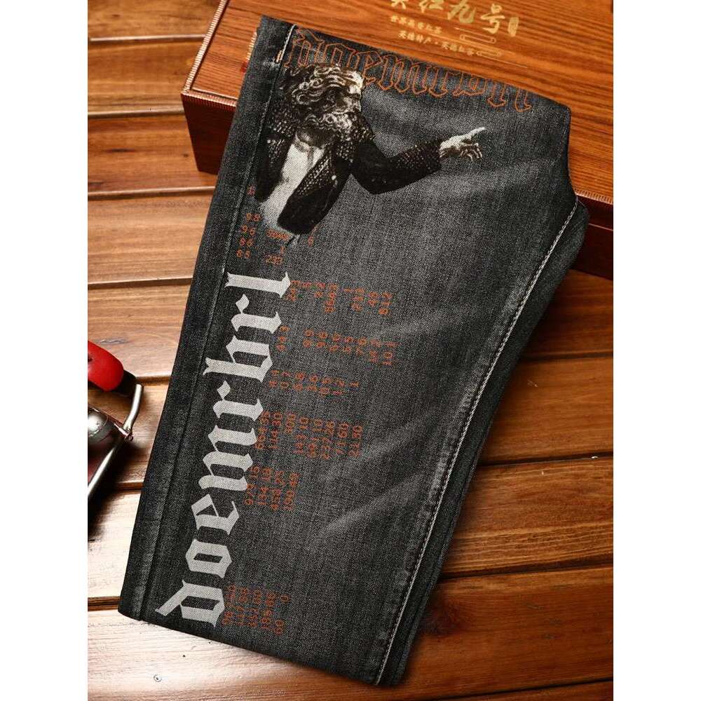 Trendy Printed Jeans For Men's Autumn 2025 Elastic Slim Fit Small Feet Casual Washed Denim Light Pants