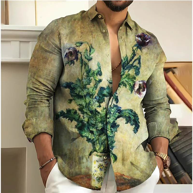 2024 Mens Shirt Floral 3D Printing Vintage Lapel Long Sleeve Outdoor Street Fashion Button Casual Autumn Winter 250227