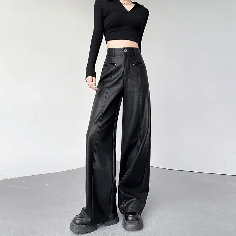 2024 Autumn Winter HighWaisted PU Leather Bootcut Pants StraightLeg Black Casual BellBottom Trousers For Women 250304