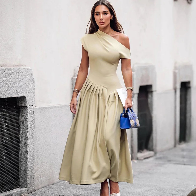 Oneshoulder Pleated Maxi Dres Short Sleeve Irregular Off Shoulder High Waist Dresses Solid Holiday Lady 250304