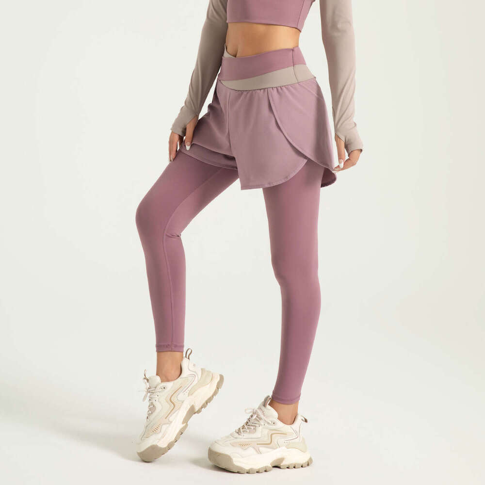 Special Area Color Blocking Fake Two-Piece With Anti Glare Running High Waisted Waist Contraction And Nude Feeling Exercise Yoga Pants KLMY