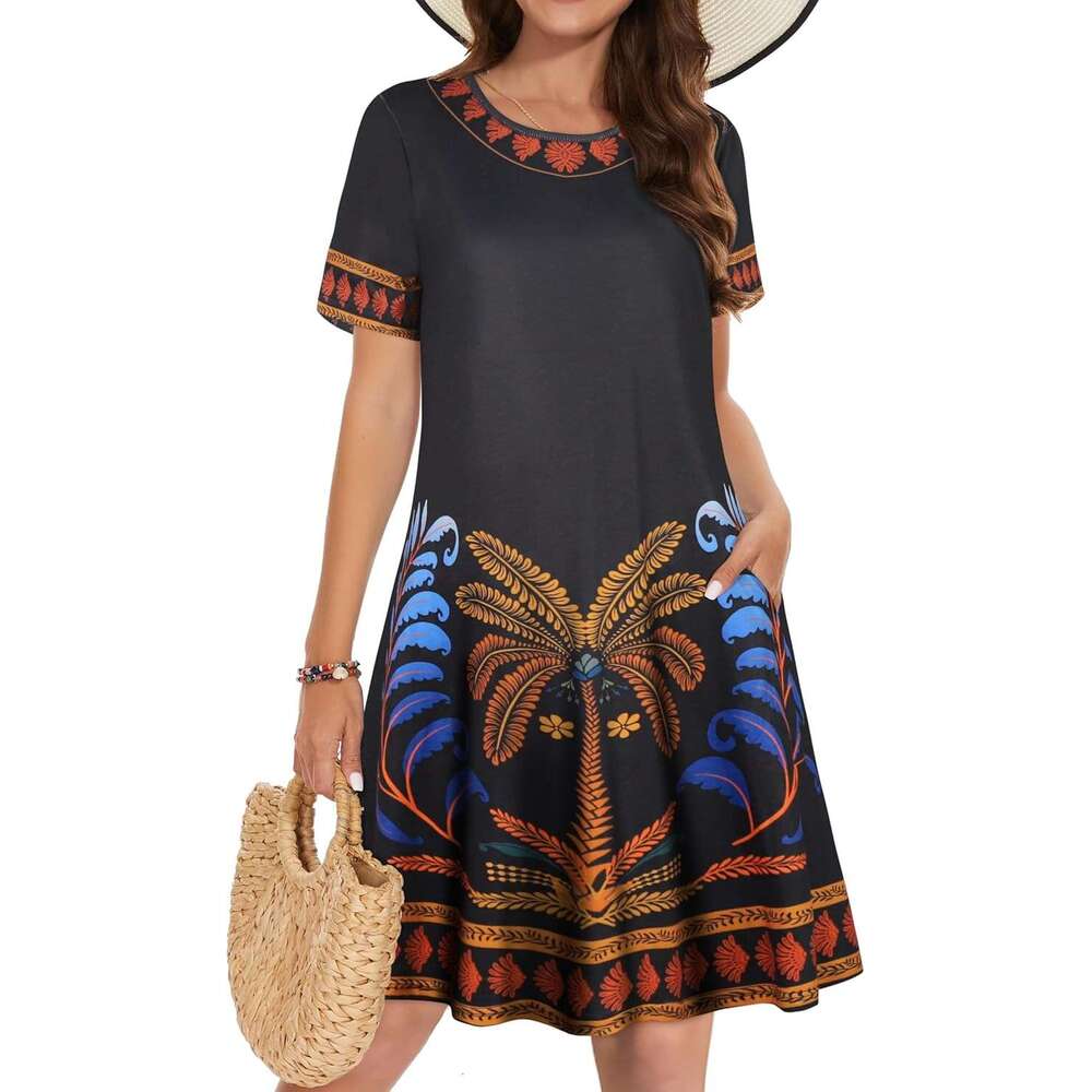 Women's summer dress casual T-shirt short sleeved floral vest skirt beach cover with pockets