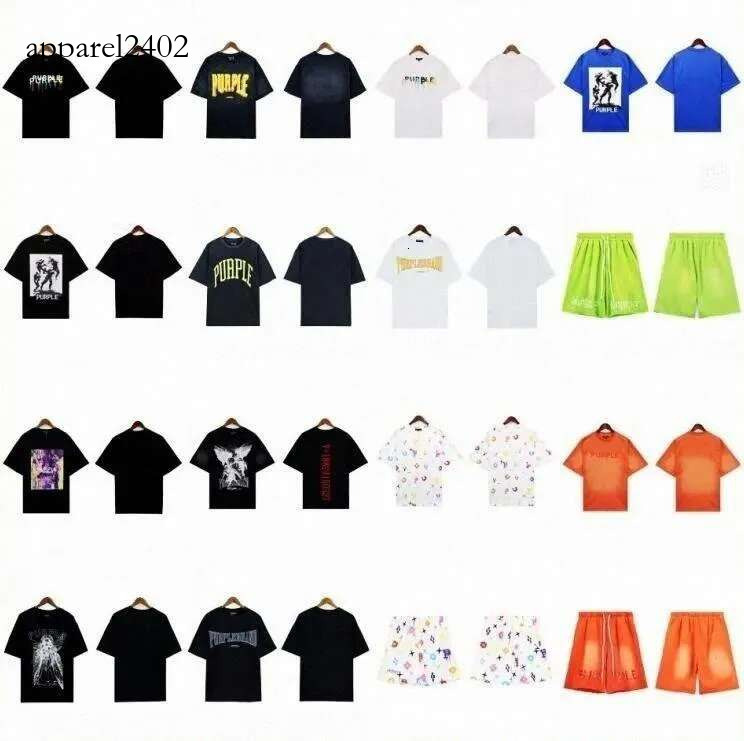 Purple Shirts Designer Mens Letter Laminated Print Short Sleeve High Street Loose Oversize Casual 100% Pure Cotton For Men And Women Shorts b00