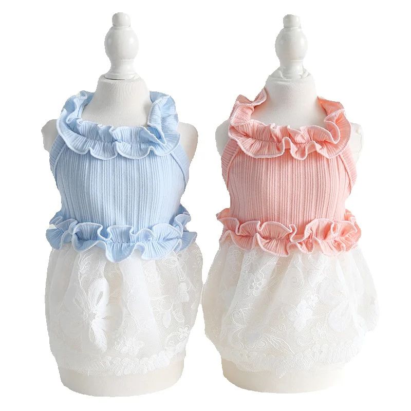 Floral Edge Dresses For Chihuahua Breed Dog Lace Female Pet Cat Wedding Party Luxury Dresses Pink Bue Summer Spring Vest Outfit