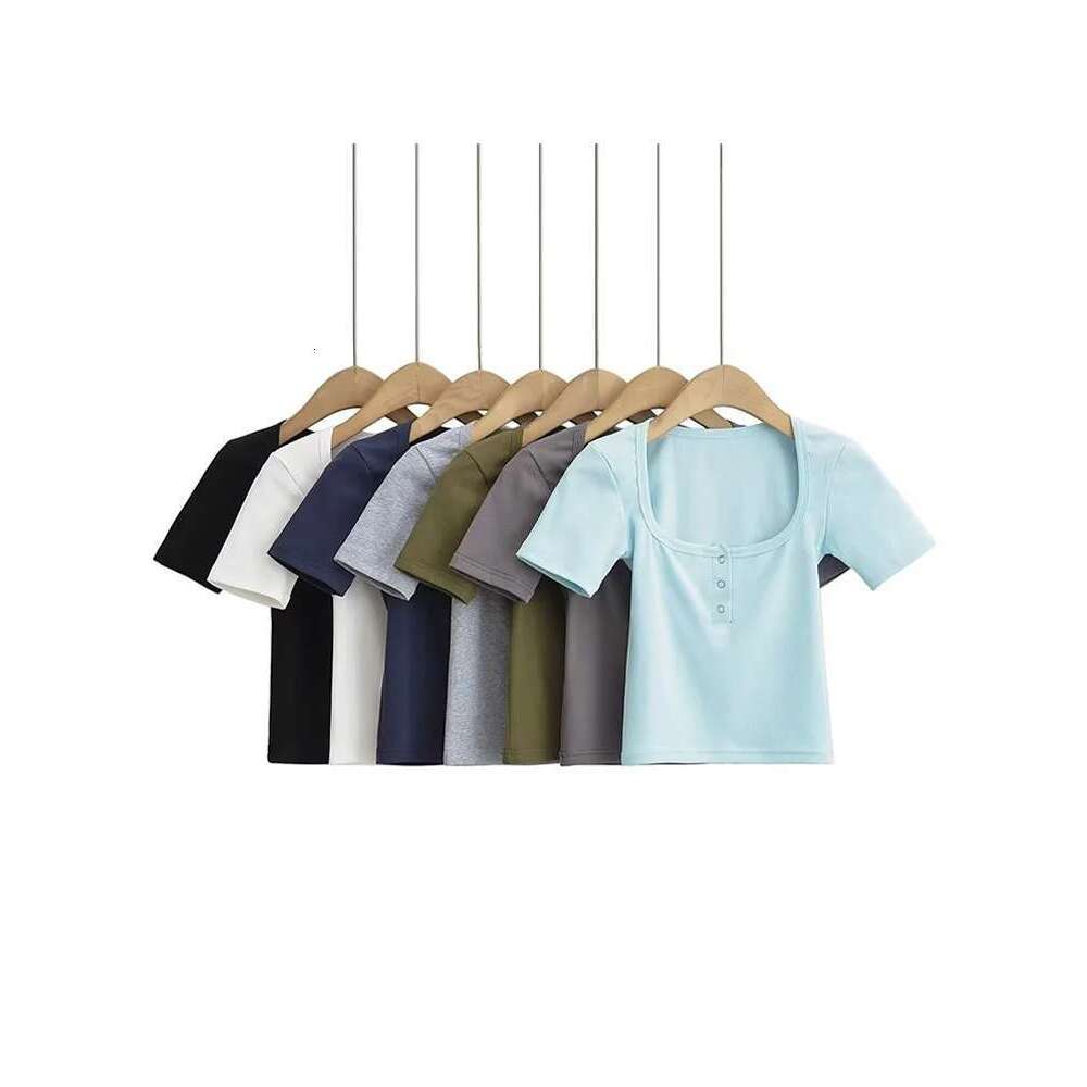 Button Women Front Short Sleeved Crop T-Shirt KLMY