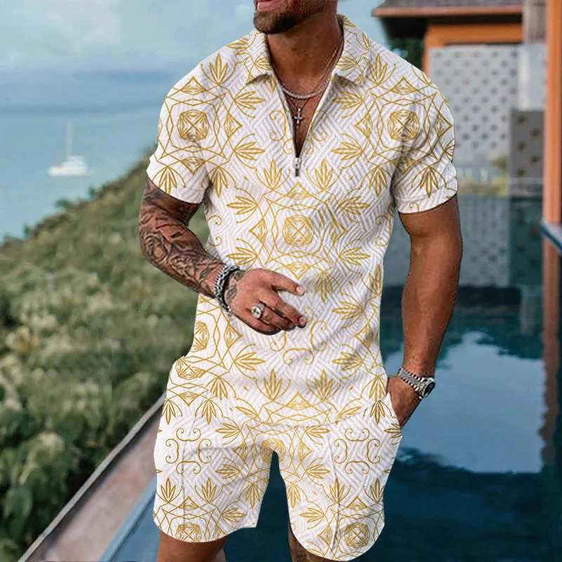 Mens 3D Print Polo Shirts Short Sleeve Set Shorts Tracksuit Outfits Social Golf Lapel T-Shirts Summer Clothing Oversize 250304